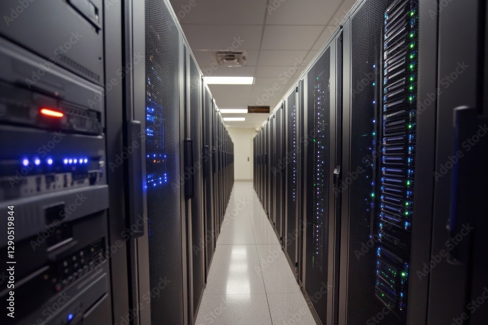 Poster financial data processing in a server room with rows of high-tech servers and blinking lights, finan