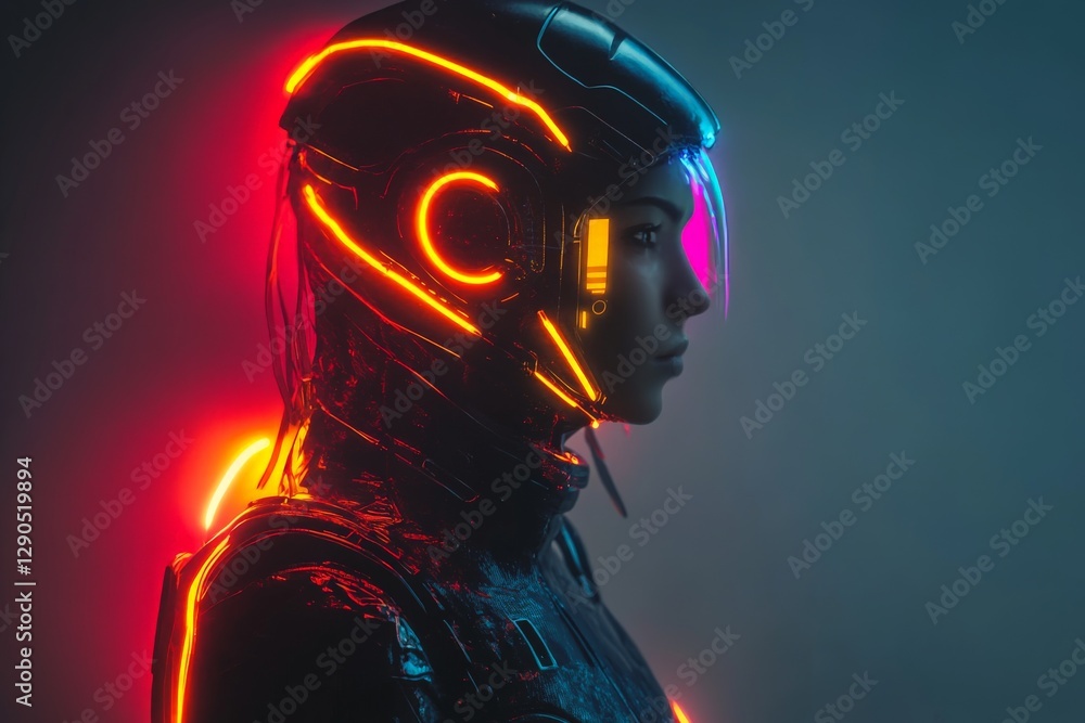 Aufkleber futuristic cyborg character with glowing neon elements in a dark environment