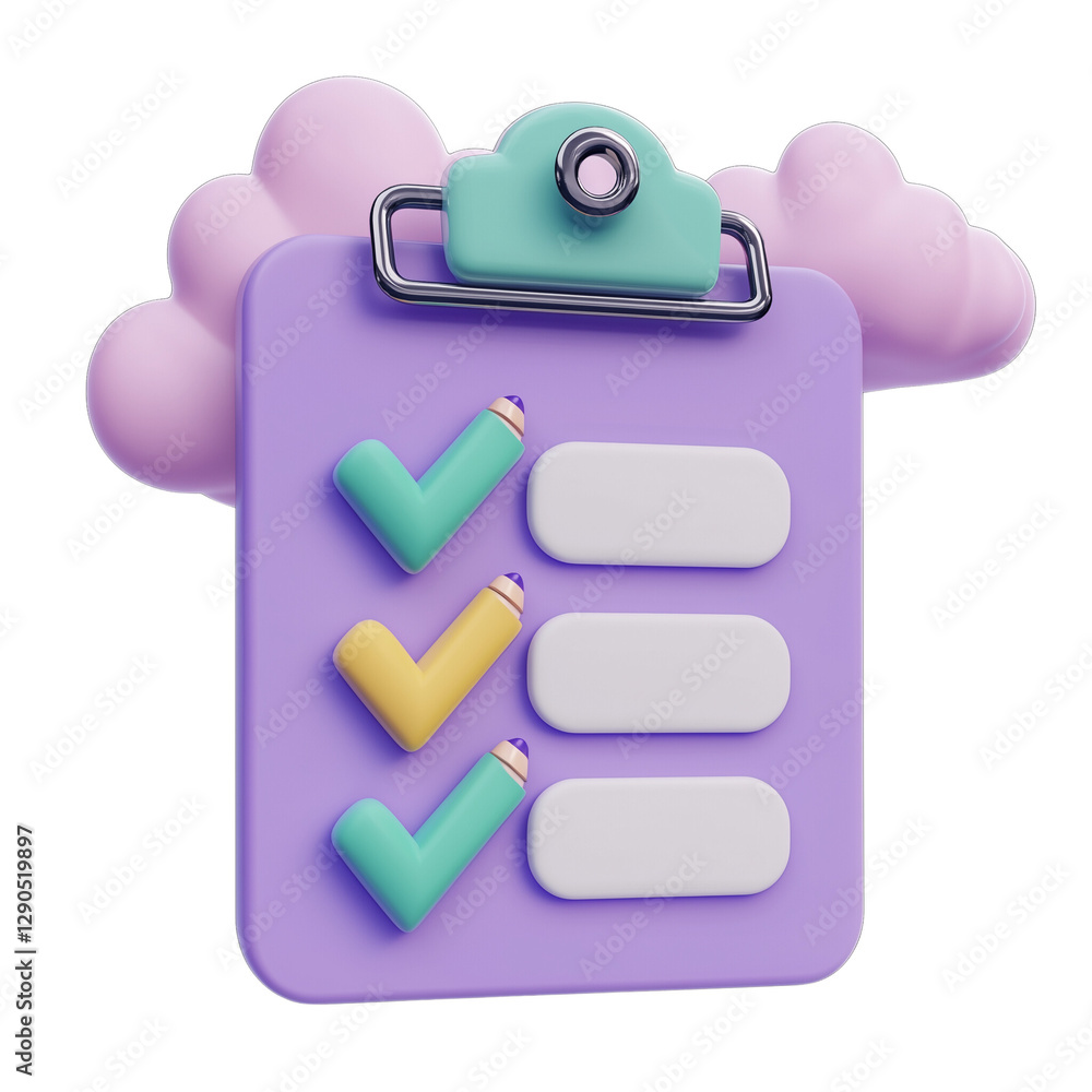 Aufkleber 3d render of checklist clipboard with checkmarks and pencils on cloud background, transparent backgr