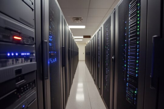 Financial data processing in a server room with rows of high-tech servers and blinking lights, financial data processing over server room
