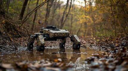 Camouflaged Robot Exploring a Forest Path