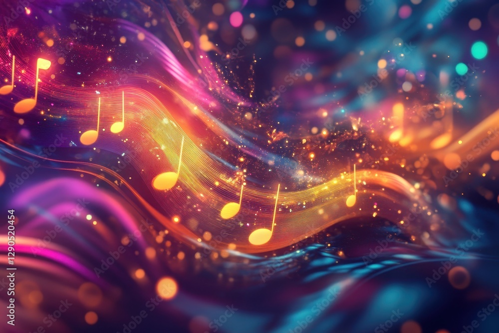 Poster colorful animated music background with flowing notes and vibrant light effects, music animated back