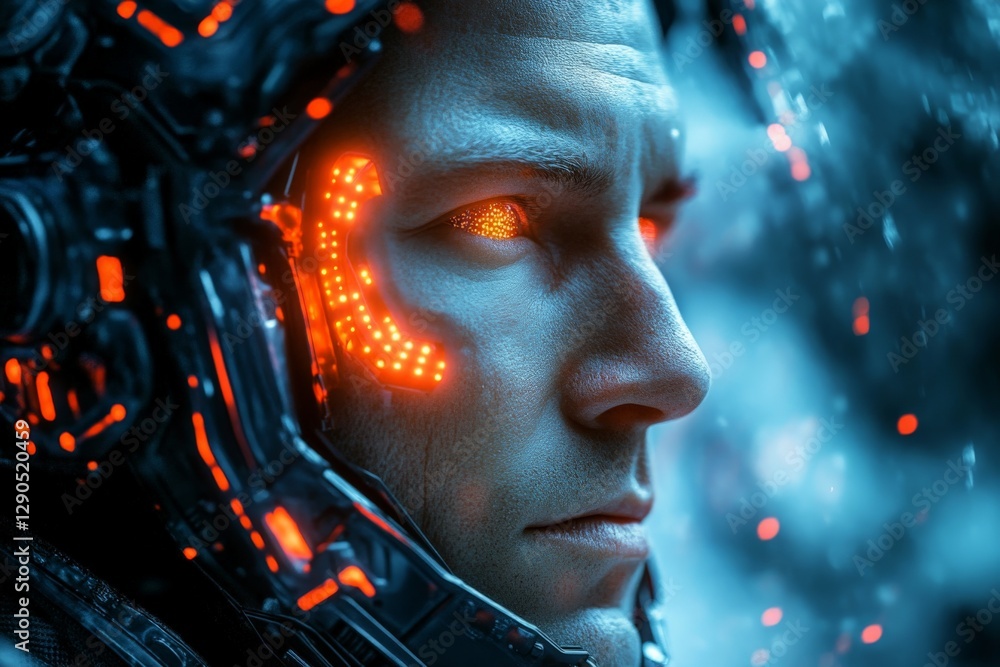 Poster futuristic soldier with glowing eyes and high-tech armor in a dystopian environment