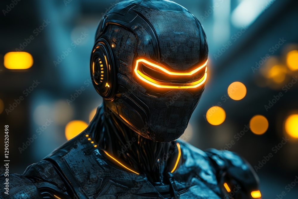 Poster futuristic robotic figure with glowing elements in an urban setting at dusk