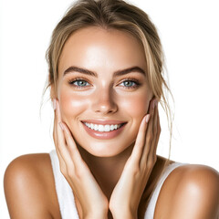 A real studio image of a smiling, beautiful Caucasian woman with clear, radiant skin, gently touching her cheeks. Set against a clean, white background, perfect for beauty and skincare concepts.