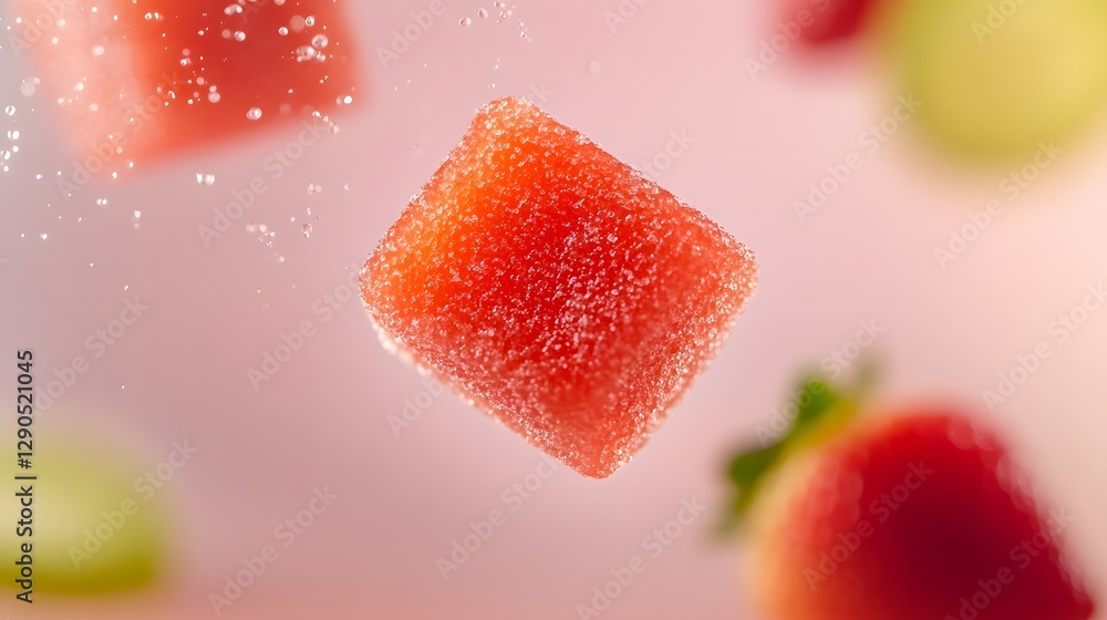 Poster a red watermelon cube floats with other fruit on display