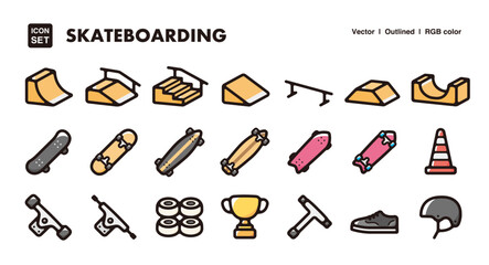 Skateboarding illustration icon set.Simple vector outlines, clipart for graphic design.