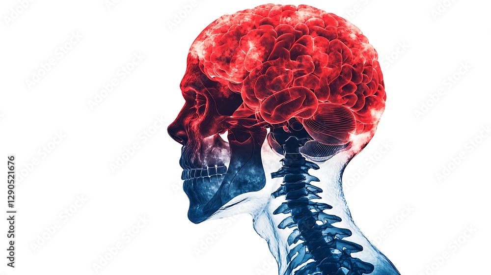 Poster a digital illustration showing a side profile of a human skull with a vibrant, red brain and a trans