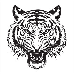 Fierce Black and White Tiger Head Vector Illustration - Safari Animals Clipart Silhouette