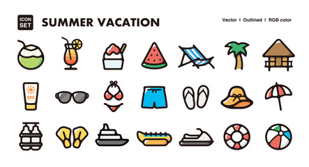 Summer vacation illustration icon set.Simple vector outlines, clipart for graphic design.