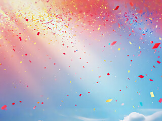 3D rendered scene with red, blue, and yellow confetti gracefully falling from above, adding a festive touch to the atmosphere.
