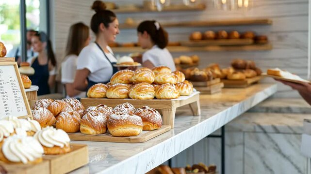 Fresh Pastries Display at Bakery with Customers Ordering