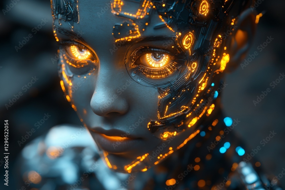 Fototapete Futuristic android with glowing circuitry in an ethereal setting at twilight