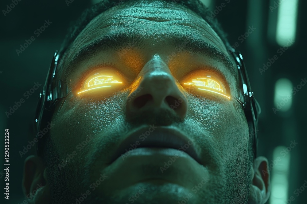 Poster Futuristic character with glowing eyes in a cybernetic setting focuses on advanced technology and unseen elements