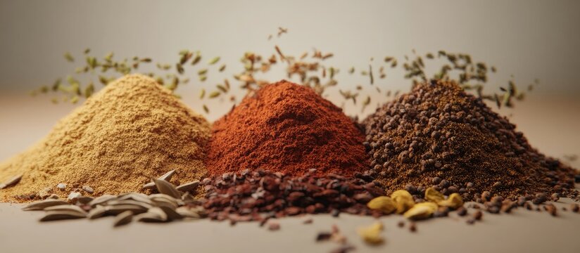 Colorful piles of spices in a line with yellow turmeric on the left, red paprika in the center, and brown cumin on the right against a soft gray background.