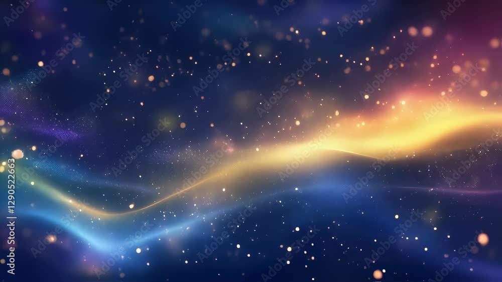 Poster magical cosmic nebula with golden light stream. mystical galaxy background with glowing stars and co