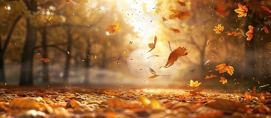 Golden autumn landscape with vibrant orange and yellow leaves floating in soft sunlight creating a tranquil atmosphere with ample copy space.