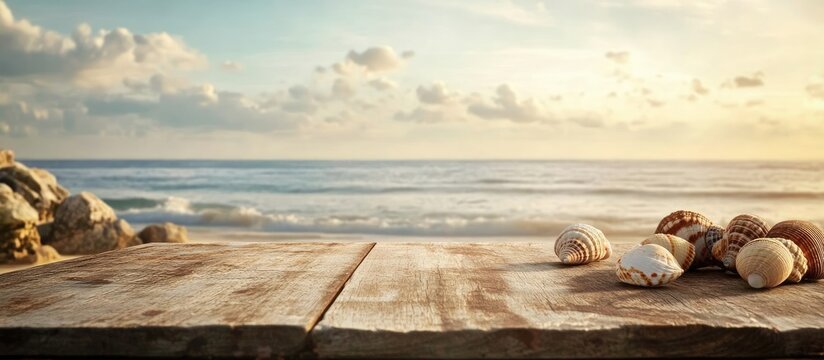 Serene seaside wooden table with seashells in warm tones, gentle ocean waves in the background under a soft golden light at sunset.