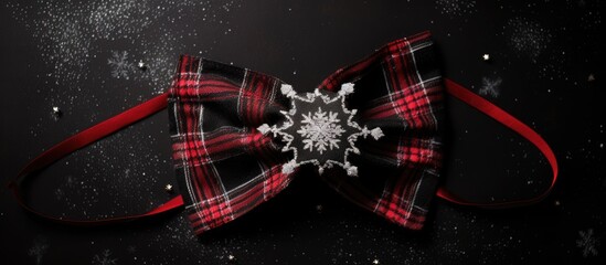Festive red plaid Christmas bowtie with snowflake design on a dark background featuring scattered light sparkles in the composition.