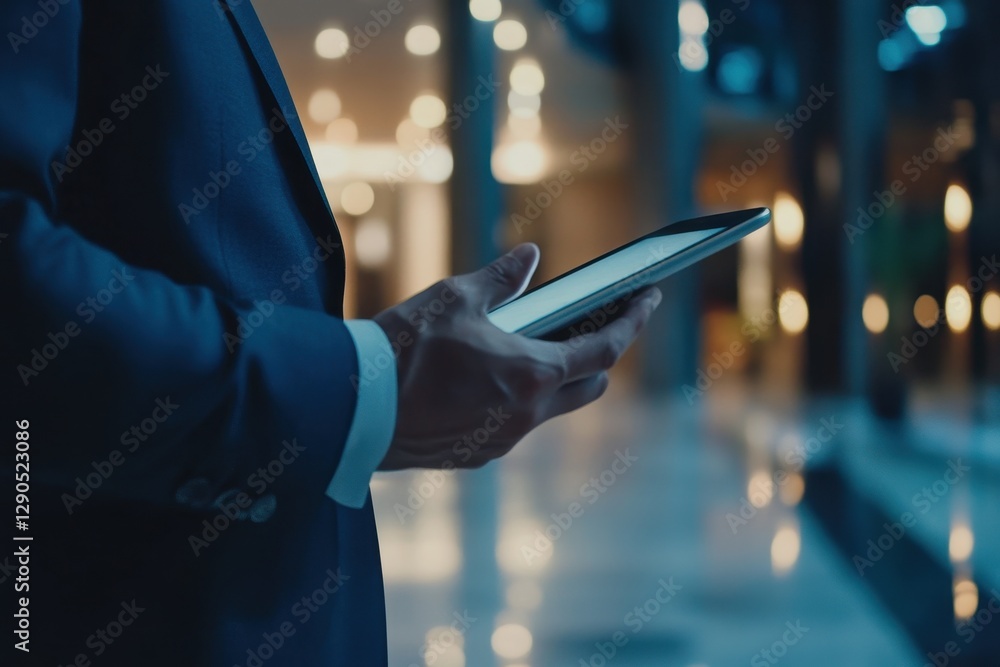 Poster business professional engages with digital tablet in modern office setting during evening hours, bus