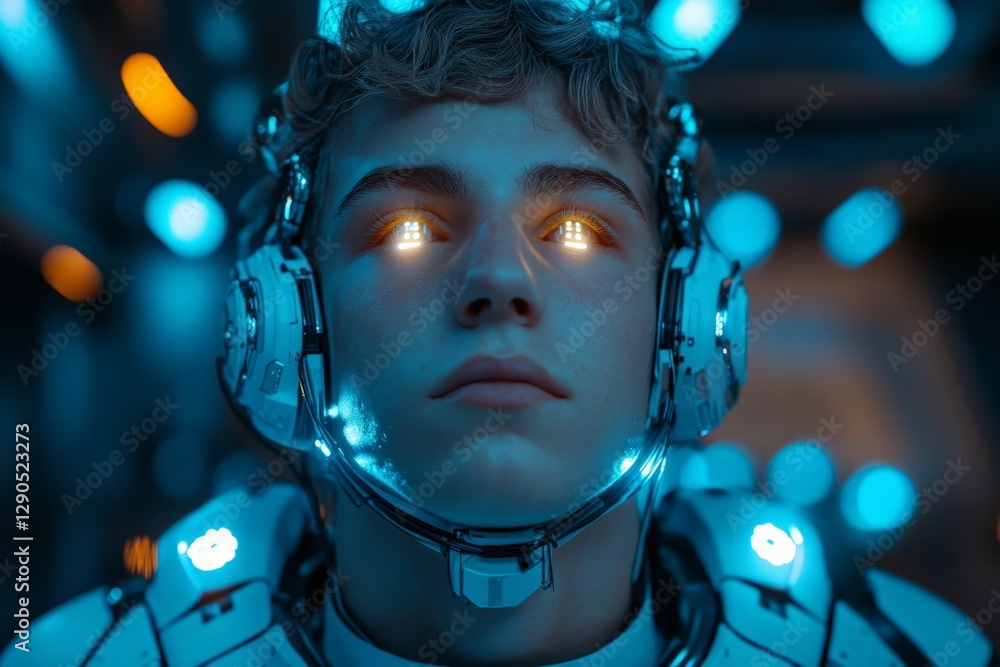 Aufkleber young astronaut in futuristic suit prepares for space mission in high-tech environment illuminated b