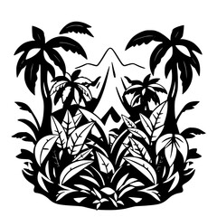 Tropical Rainforest Scene: Silhouette composition of palm trees, mountains, and lush vegetation in black and white.