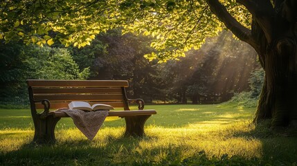 Serene park bench scene with open book and blanket