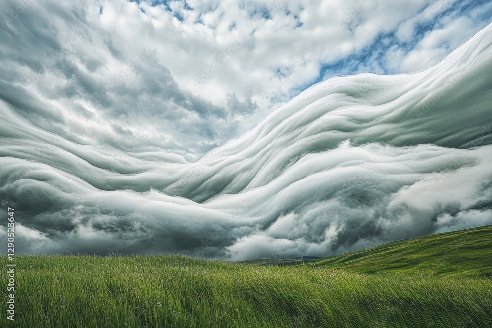 Poster timelapse of flowing white clouds over vibrant green grass under a dynamic sky, time-lapse of white 