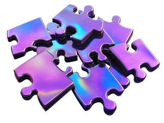 Pile of Iridescent Puzzle Pieces: Abstract 3D Render of  Metallic Jigsaw Fragments
