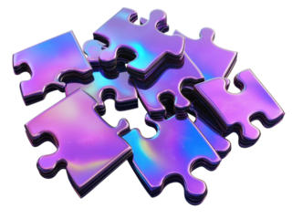 Pile of Iridescent Puzzle Pieces: Abstract 3D Render of  Metallic Jigsaw Fragments