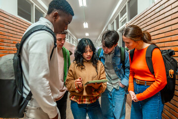 High school students using tablet in school corridor