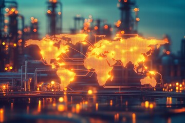 Glowing digital world map in futuristic industrial setting at dusk
