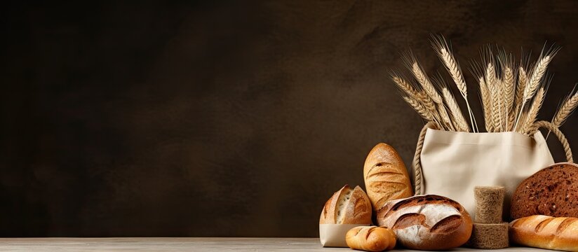 Eco-friendly paper bag filled with assorted breads including rye, wheat, and baguette, placed on a rustic table with wheat in the background. - Powered by Adobe