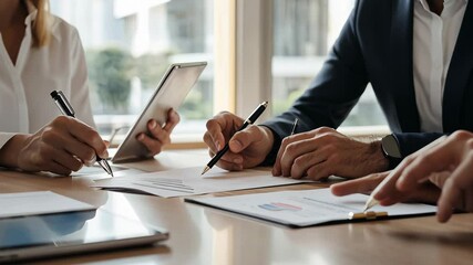 Real estate agents discussing properties and clients signing documents
