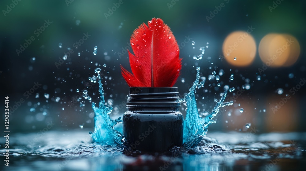 Poster red feather is floating in a jar of water. the water is splashing around the feather, creating a sen