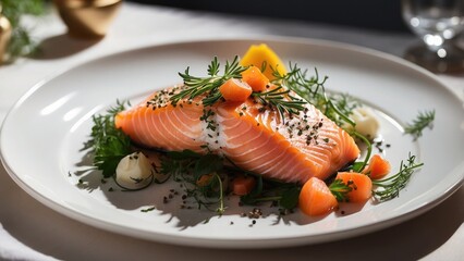 Sunlit photograph of an exquisite salmon plate decorated with herbs, demonstrating the technique of plating in a refined setting