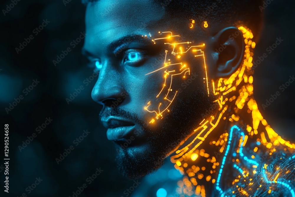 Aufkleber futuristic portrait of a man with glowing circuits on his face and neck in a dark environment