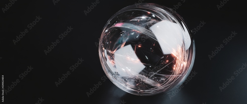 Poster clear glass orb resting on a textured surface with reflections and shadows in a dimly lit space