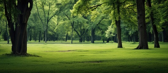 Obraz premium Serene green clearing with vibrant grass and dark green tree branches creating a tranquil atmosphere in a lush forest landscape.