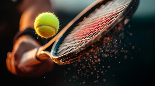 Tennis player is holding a racket and a tennis ball. The ball is in the air and the racket is ready to hit it. The image conveys the excitement and anticipation of a tennis match