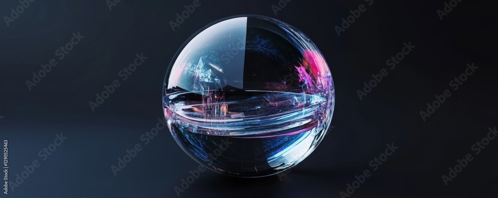 Poster clear glass orb resting on a textured surface with reflections and shadows in a dimly lit space