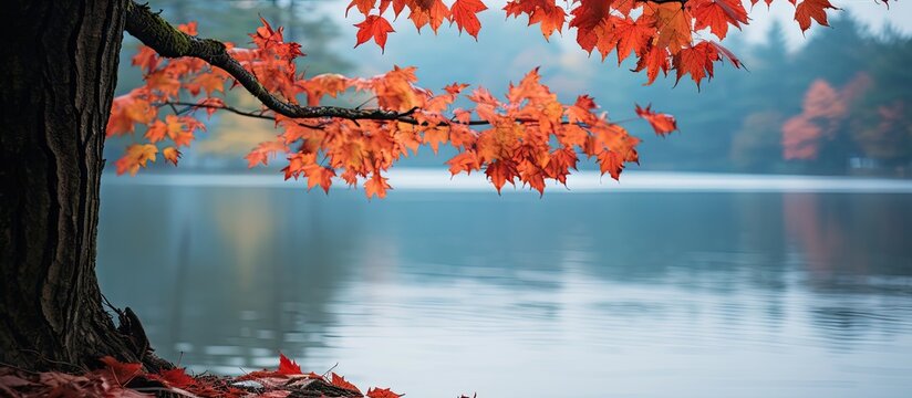 Scenic view of vibrant red and orange autumn leaves hanging over calm turquoise lake with reflections, surrounded by a misty forest backdrop.