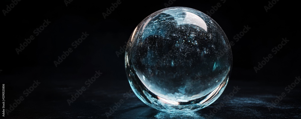 Poster clear glass orb resting on a textured surface with reflections and shadows in a dimly lit space