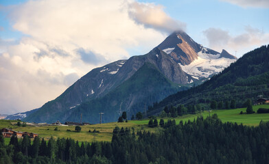 Kitzsteinhorn peak in Kaprun area at sunset, Austria Alps landscape