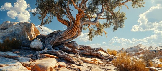 Ancient twisted tree with sprawling roots on rocky desert terrain under a blue sky filled with fluffy white clouds, warm earthy tones dominate the scene.