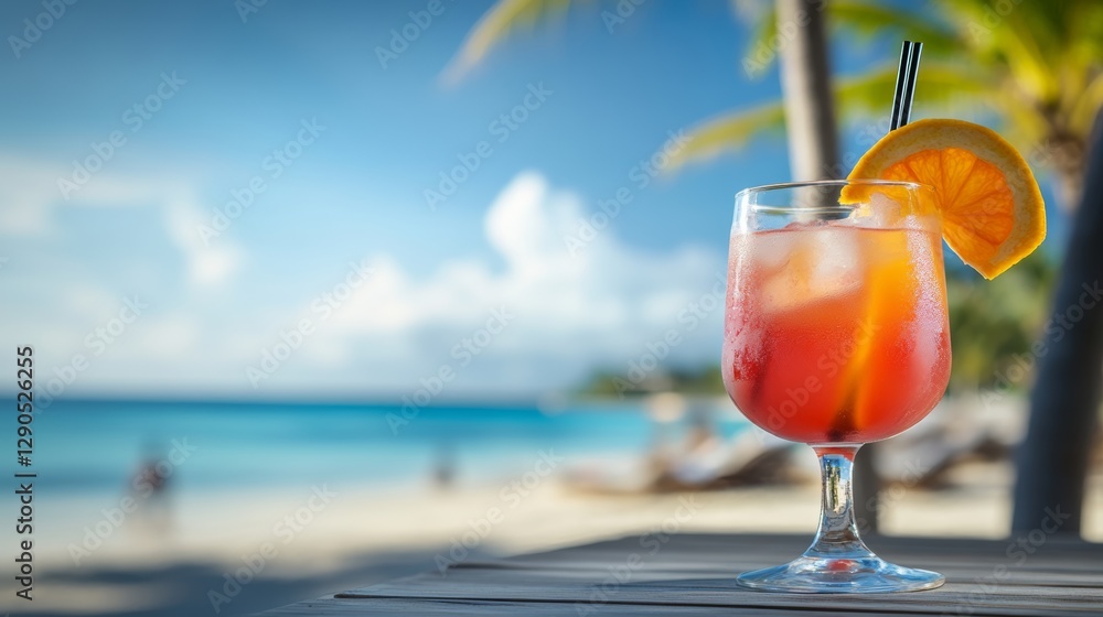 Poster glass of red drink with an orange slice in it is on a table by the ocean. the drink is served in a w