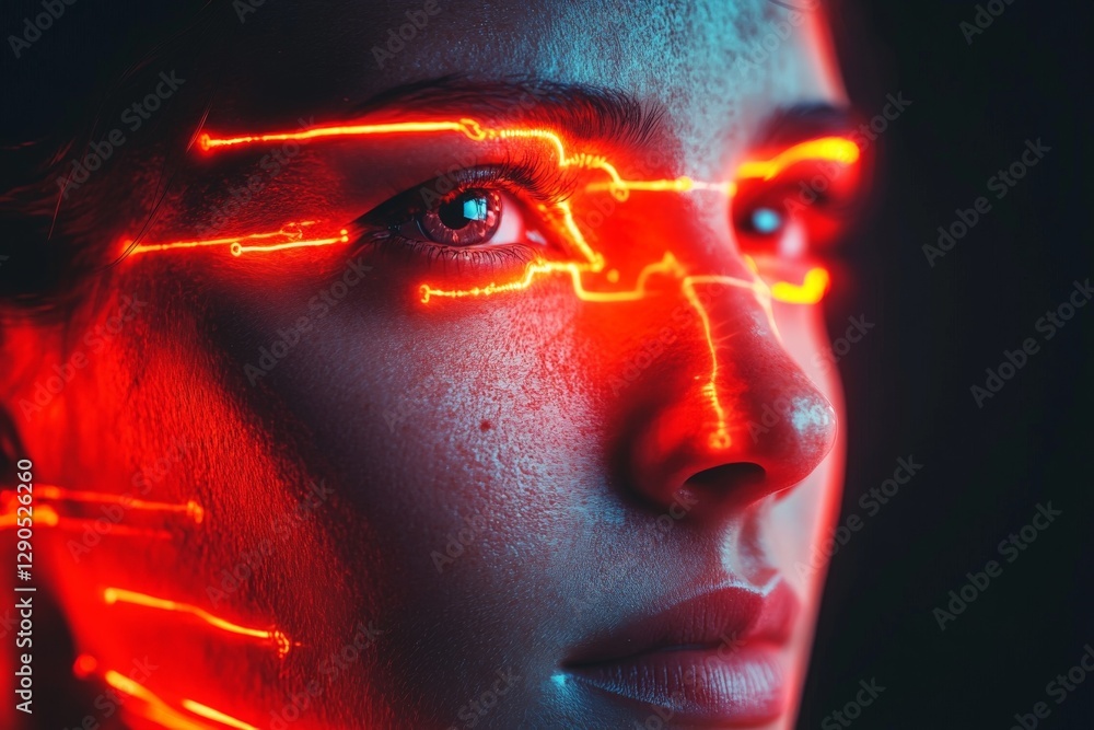 Aufkleber Creative portrait of a person with glowing red lines on the face captured in a dark setting