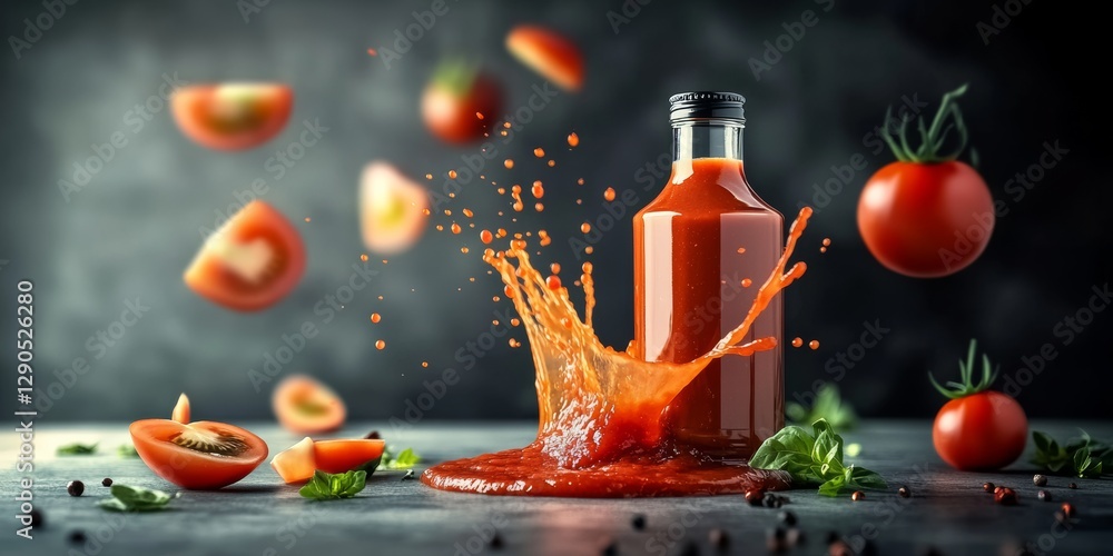 Aufkleber bottle of ketchup is splashing on a table with tomato slices and basil. the splatter of ketchup crea