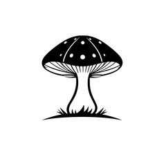 Black and white minimalist image of a mushroom in grass.