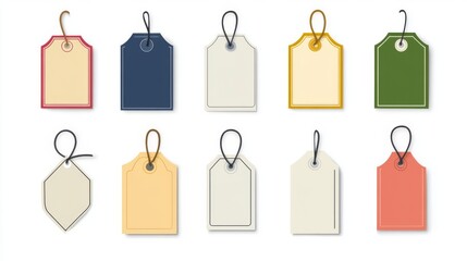 Collection of blank price tags with strings in various colors and shapes